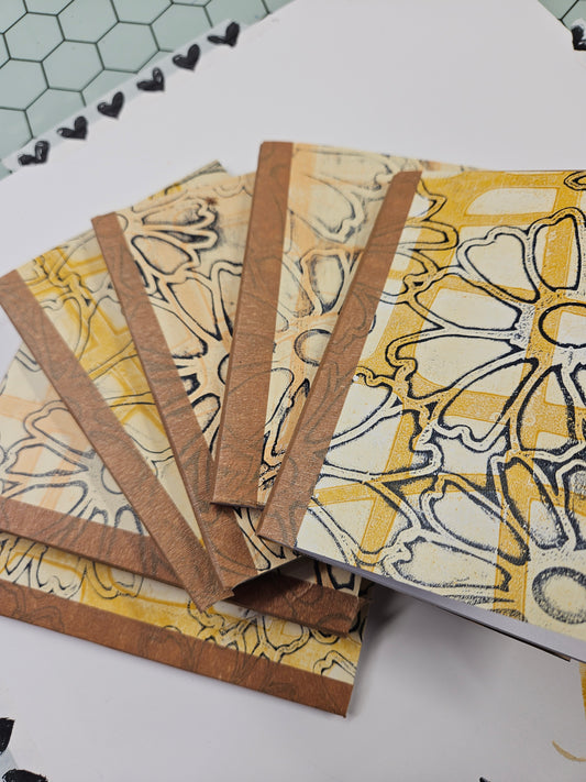 (6) Covered Mini Pocket Journals 3.5" x 5" Navy and Yellow Ochre Floral - Blank Pages